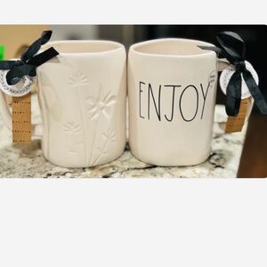 NWT~ 2 Rae Dunn White Raised Floral Engraved Back ceramic coffee Mug ENJOY